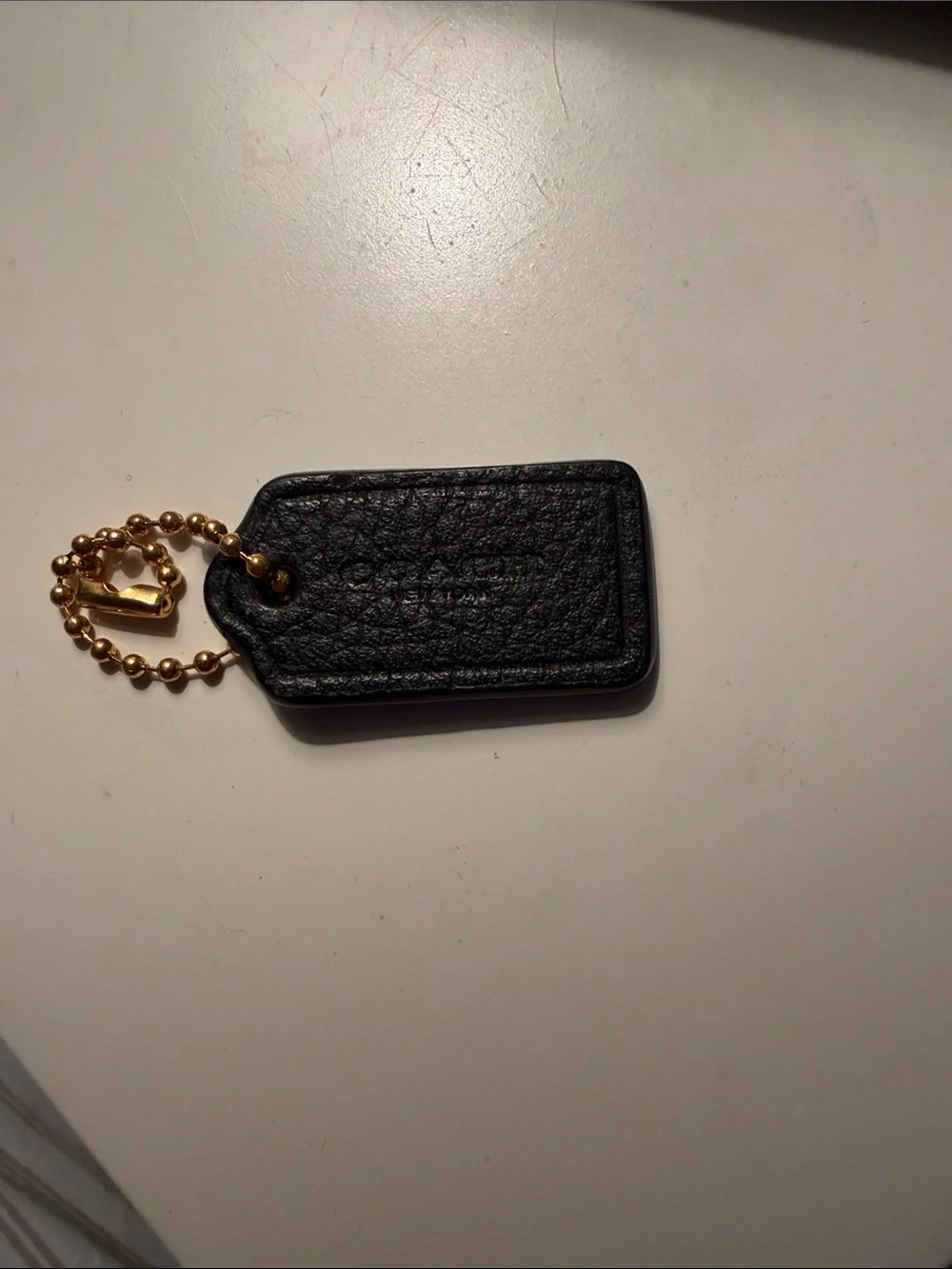 Coach Black Leather Key Tag with Gold-Tone Ball Chain